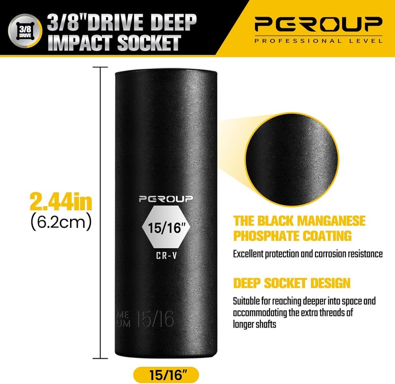 pgroup 3/8” Drive Deep Impact Socket, SAE(15/16 Inch socket), 6-Point, Cr-V Steel With Black Manganese Phosphate Coating - Image 2
